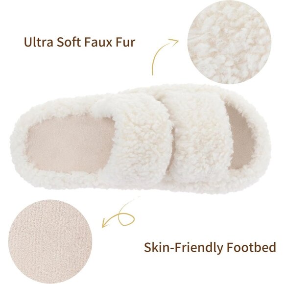 Women’s White Pluffie Arch Memory Foam Cozy Faux Fur Open Toe Slippers Shoes - Picture 5 of 6